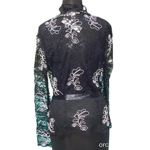 Cache Luxe Black Lace Sheer Illusion Lace Top Jacket White Trim New $228 NWT - Picture 10 of 11